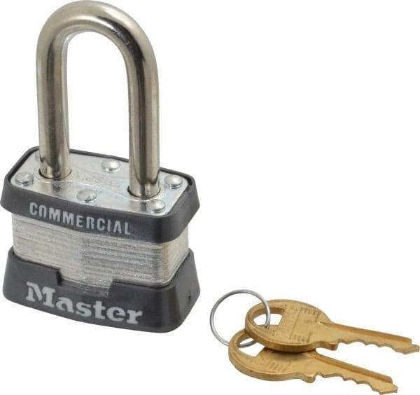Master Lock - 1-1/2" Shackle Clearance, Keyed Different Padlock - 5/8" Shackle Width, 9/32" Shackle Diam, Laminated Steel - Exact Tool & Supply