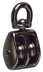 Value Collection - Swivel Eye Double Sheave Pulley - Sheave, 1 Inch Outside Diameter, Fibrous Rope, 1/4 Inch Diameter, Gray Iron, Nickel Plated Finish - Exact Tool & Supply