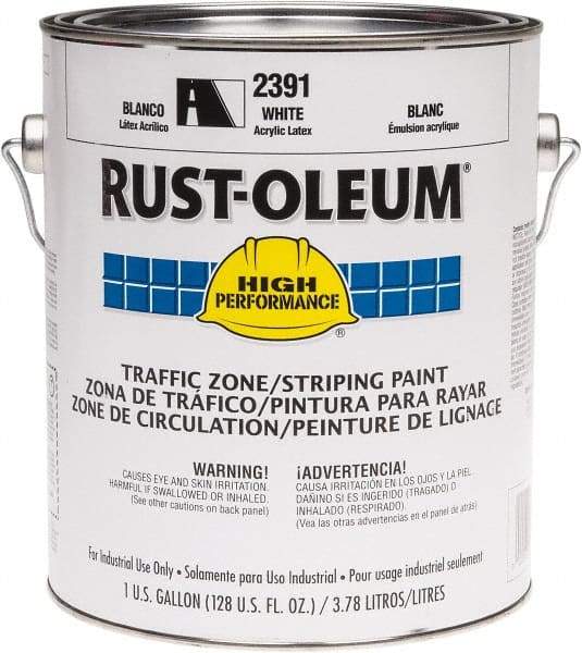 Rust-Oleum - 1 Gallon White Water Based Striping Paint - 410 Linear Ft. at 4 Inch Wide, <100 VOC Compliant, 30 Minutes Tack Free Dry Time, 8 Hrs Recoat Dry Time - Exact Tool & Supply