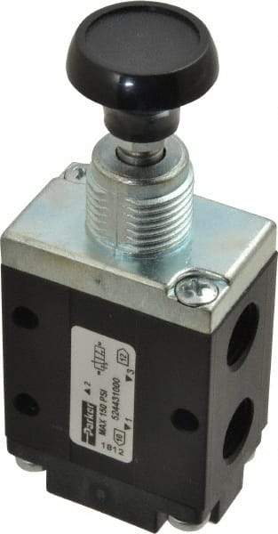 Parker - 0.83 CV Rate, 1/4" NPT Inlet Direct Air 4 Mechanical Spool Valve - 3 Way, 2 Position NC, 150 Max psi, Button Manual Return - Exact Tool & Supply