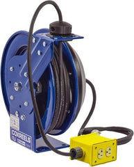 CoxReels - 12 AWG, 50' Cable Length, Cord & Cable Reel with Quad Outlet End - 4 Outlets, NEMA 5-20R, 20 Amps, 115 Volts, SJO Cable, Blue Reel, Spring Driven Reel - Exact Tool & Supply