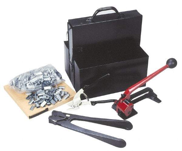 Value Collection - 200 Inch Long x 1/2 Inch Wide, Strapping Kit - Contains 2 Coils, 500 Seals, Steel Strap Cutter, Sealing Tool, Tensioner and Heavy Duty Reusable Dispenser - Exact Tool & Supply