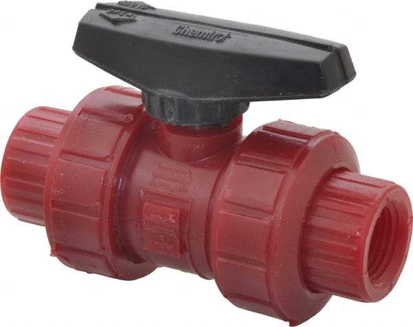 NIBCO - 1/2" Pipe, Full Port, PVDF True Union Design Ball Valve - 1 Piece, Inline - One Way Flow, FNPT x FNPT Ends, Wedge Handle, 150 WOG - Exact Tool & Supply