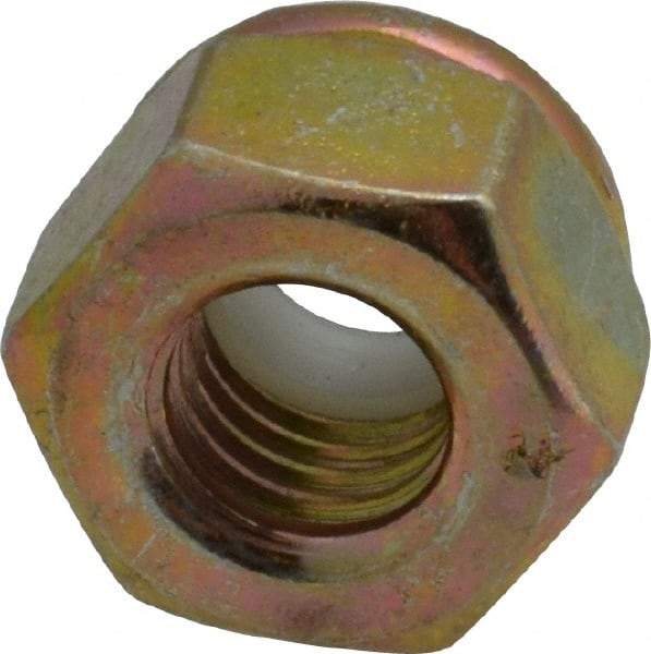 Value Collection - 1/4-28 UNF Grade 8 Hex Lock Nut with Nylon Insert - 7/16" Width Across Flats, 19/64" High, Zinc Yellow Dichromate Finish - Exact Tool & Supply