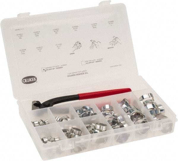 Oetiker - 124 Piece, 5/16 to 1" Diam, 2-Ear Service Clamp Kit - 123 Clamps & 1 Standard Jaw Pincers - Exact Tool & Supply