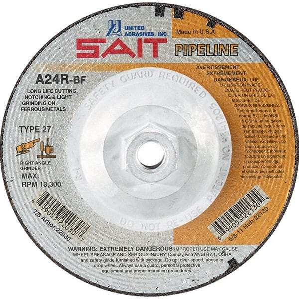 Sait - 24 Grit, 4-1/2" Wheel Diam, 1/8" Wheel Thickness, Type 27 Depressed Center Wheel - Aluminum Oxide, Resinoid Bond, R Hardness, 13,300 Max RPM, Compatible with Angle Grinder - Exact Tool & Supply