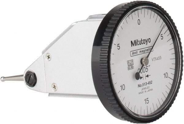 Mitutoyo - 0.03 Inch Range, 0.0005 Inch Dial Graduation, Vertical Dial Test Indicator - 1.5748 Inch White Dial, 0-15-0 Dial Reading, Accurate to 0.0005 Inch - Exact Tool & Supply
