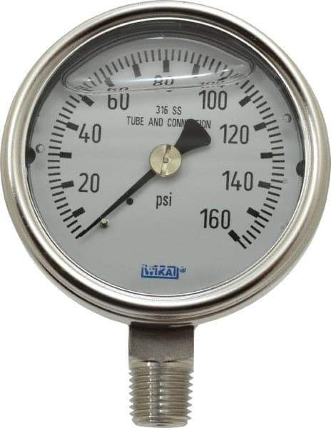 Wika - 2-1/2" Dial, 1/4 Thread, 0-160 Scale Range, Pressure Gauge - Lower Connection Mount, Accurate to 2-1-2% of Scale - Exact Tool & Supply