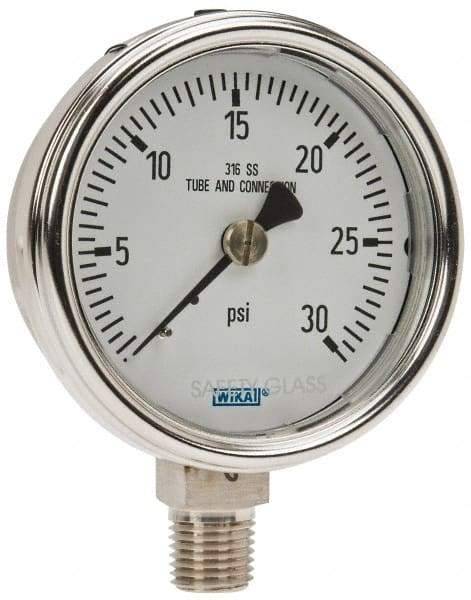 Wika - 2-1/2" Dial, 1/4 Thread, 0-30 Scale Range, Pressure Gauge - Lower Connection Mount, Accurate to 2-1-2% of Scale - Exact Tool & Supply