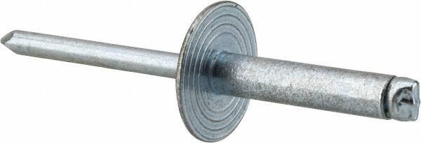 RivetKing - Size 610 Large Flange Dome Head Steel Open End Blind Rivet - Steel Mandrel, 0.501" to 5/8" Grip, 5/8" Head Diam, 0.192" to 0.196" Hole Diam, 0.825" Length Under Head, 3/16" Body Diam - Exact Tool & Supply