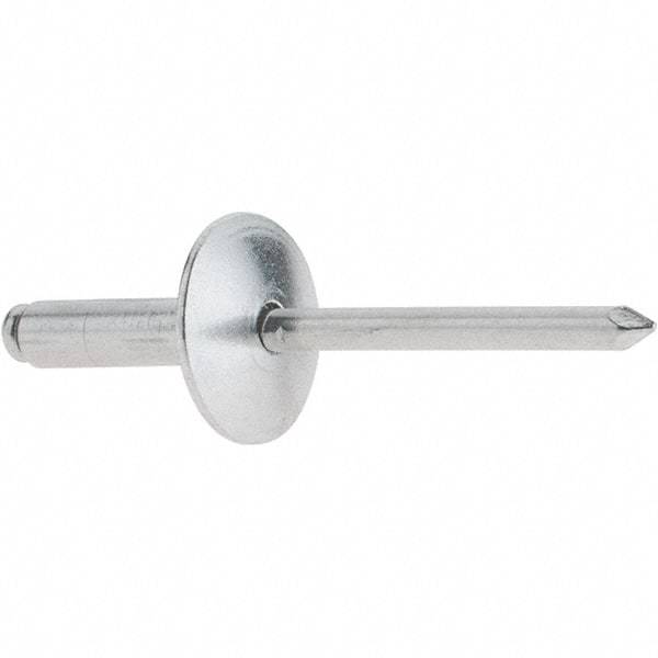 RivetKing - Size 68 Large Flange Dome Head Aluminum Open End Blind Rivet - Aluminum Mandrel, 0.376" to 1/2" Grip, 5/8" Head Diam, 0.192" to 0.196" Hole Diam, 0.7" Length Under Head, 3/16" Body Diam - Exact Tool & Supply