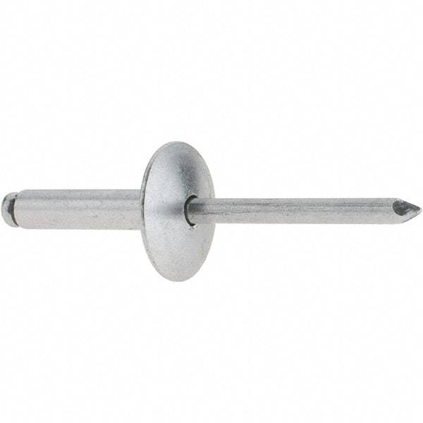 RivetKing - Size 610 Large Flange Dome Head Aluminum Open End Blind Rivet - Aluminum Mandrel, 0.501" to 5/8" Grip, 5/8" Head Diam, 0.192" to 0.196" Hole Diam, 0.825" Length Under Head, 3/16" Body Diam - Exact Tool & Supply