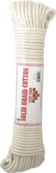 Made in USA - 100' Max Length Cotton Solid Braided Cotton Cord with Reinforced Core - 1/4" Diam, 400 Lb Capacity - Exact Tool & Supply