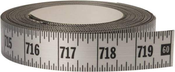 Made in USA - 60 Ft. Long x 1 Inch Wide, 1/16 Inch Graduation, Silver, Mylar Adhesive Tape Measure - Reads Left to Right, Horizontal Scale - Exact Tool & Supply