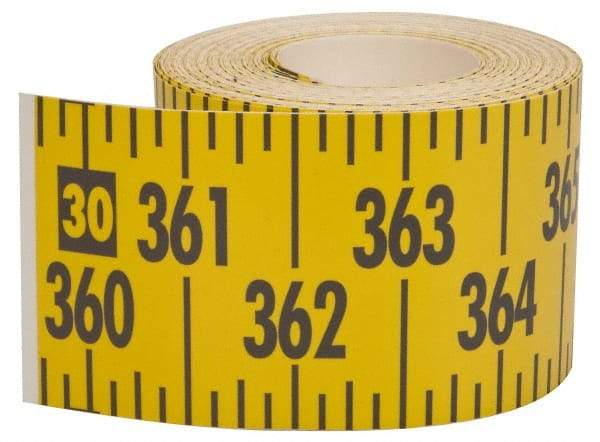 Made in USA - 60 Ft. Long x 3 Inch Wide, 1/4 Inch Graduation, Yellow, Mylar Adhesive Tape Measure - Reads Left to Right, Horizontal Scale - Exact Tool & Supply