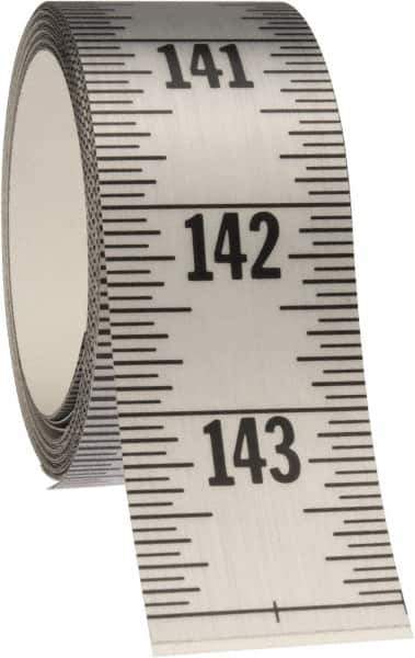 Made in USA - 12 Ft. Long x 1-1/4 Inch Wide, 1/16 Inch Graduation, Silver, Mylar Adhesive Tape Measure - Reads Top to Bottom, Vertical Rules - Exact Tool & Supply