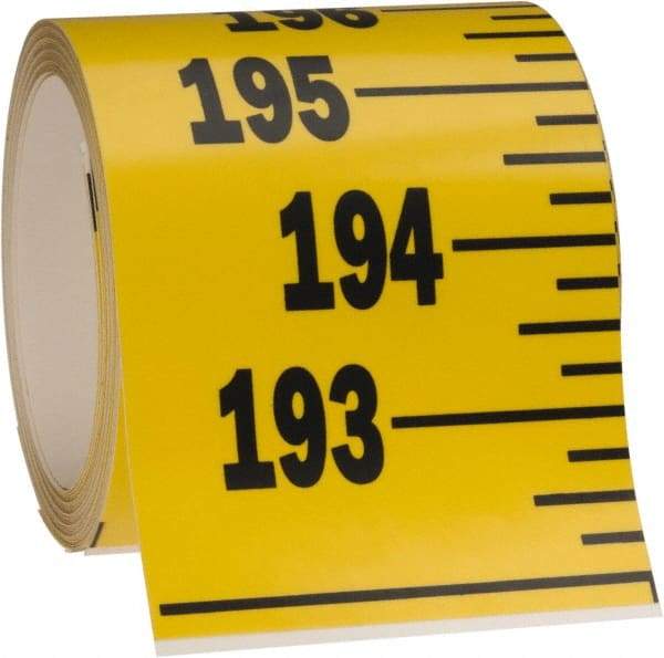 Made in USA - 20 Ft. Long x 3 Inch Wide, 1/4 Inch Graduation, Yellow, Mylar Adhesive Tape Measure - Reads Bottom to Top, Vertical Rules - Exact Tool & Supply