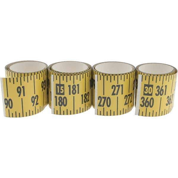 Made in USA - 32 Ft. Long x 3 Inch Wide, 1/4 Inch Graduation, Yellow, Mylar Adhesive Tape Measure - Reads Bottom to Top, Vertical Rules - Exact Tool & Supply