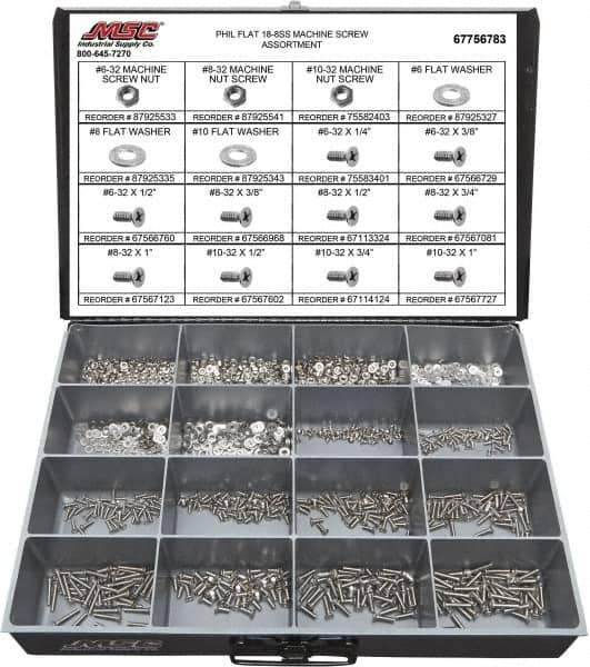 Value Collection - 1,400 Piece, #6-32 to #10-32, Stainless Steel Machine Screw Assortment - Flat Head, Phillips Drive, 1/4 to 1" Long, Grade 18-8 - Exact Tool & Supply