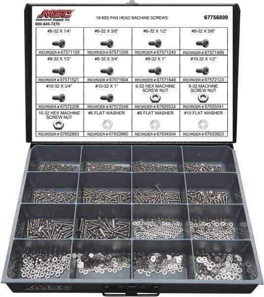 Value Collection - 1,400 Piece, #6-32 to #10-32, Stainless Steel Machine Screw Assortment - Pan Head, Phillips Drive, 1/4 to 1" Long, Grade 18-8 - Exact Tool & Supply