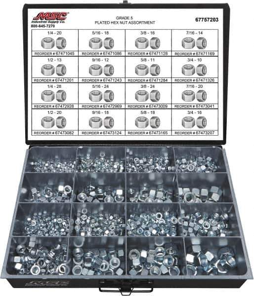Value Collection - 1/4-20 to 3/4-16 Thread, 870 Piece Alloy Steel Nut Assortment - Grade 5 - Exact Tool & Supply