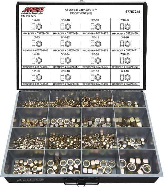 Value Collection - 1/4-20 to 3/4-16 Thread, 765 Piece Alloy Steel Nut Assortment - Grade 8 - Exact Tool & Supply