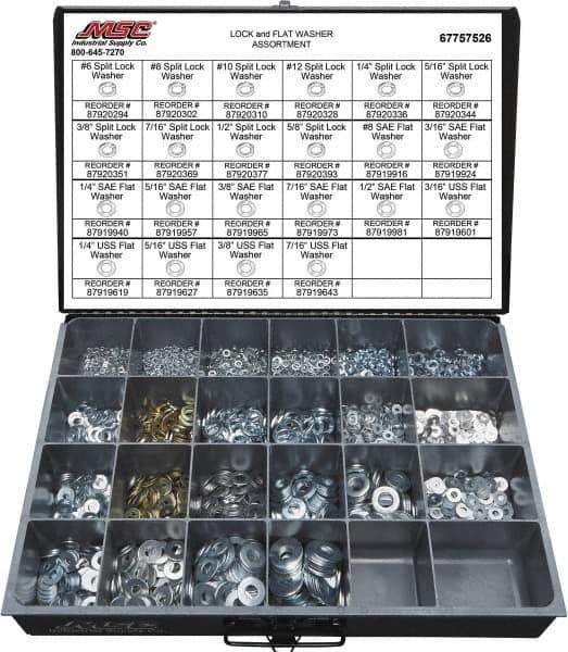 Value Collection - 3529 Piece, No. 6, 5/8" Screw, Grade 2 Steel Flat & Split Lock Washer Assortment - Includes 1/4 to 12" Screw & Compartmented Storage Case - Exact Tool & Supply