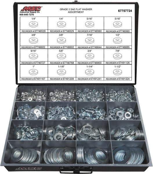 Value Collection - 1840 Piece, 1/4 to 1-1/2" Screw, Grade 2 Steel SAE Flat Washer Assortment - Includes 1/4 to 1-1/2" Screw & Compartmented Storage Case - Exact Tool & Supply