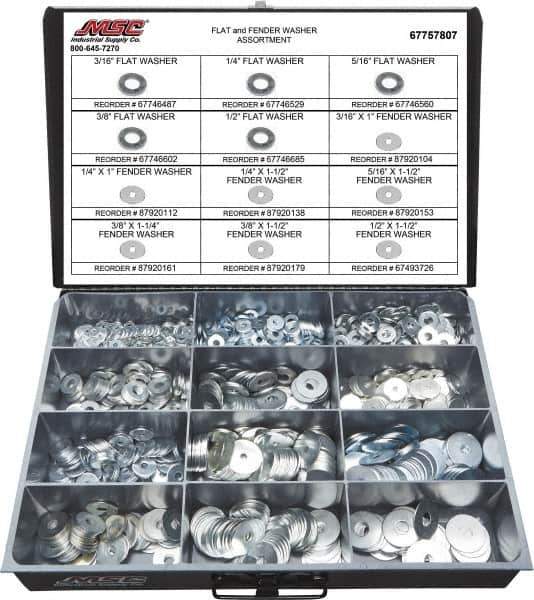 Value Collection - 1275 Piece, No. 10, 1/2" Screw, Grade 2 Steel Fender & Flat Washer Assortment - Includes 1/4 to 5/16 x 1-1/2" Screw & Compartmented Storage Case - Exact Tool & Supply