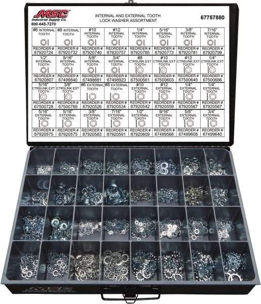 Value Collection - 2550 Piece, No. 6, 3/4" Screw, Grade 2 Steel External & Internal Tooth Lock Washer Assortment - Includes 1/4 to 12" Screw & Compartmented Storage Case - Exact Tool & Supply
