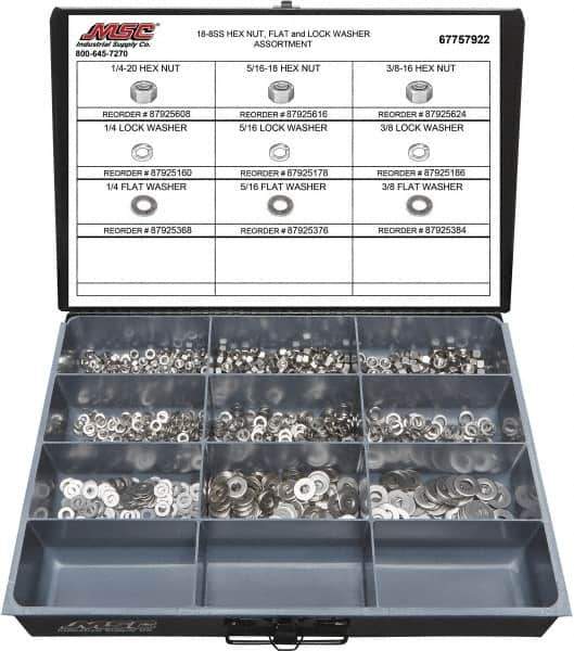 Value Collection - 1/4-20 to 3/8-16 Thread, 750 Piece Stainless Steel Nut & Washer Assortment - Grade 18-8 - Exact Tool & Supply