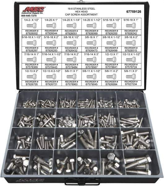 Value Collection - 375 Piece Stainless Steel Hex Head Cap Screws - 1/4-20 to 5/8-11 Thread, 18-8 - Exact Tool & Supply