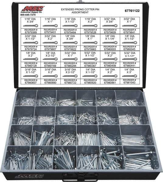 Value Collection - 2,325 Piece, 1/16 to 1/4" Pin Diam, Extended Prong Cotter Pin Assortment - 3/4 to 3" Long, Grade 2 Steel - Exact Tool & Supply