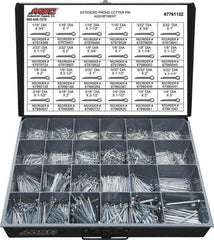 Value Collection - 2,325 Piece, 1/16 to 1/4" Pin Diam, Extended Prong Cotter Pin Assortment - 3/4 to 3" Long, Grade 2 Steel - Exact Tool & Supply
