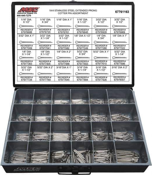 Value Collection - 1,250 Piece, 1/16 to 3/16" Pin Diam, Extended Prong Cotter Pin Assortment - 1/2 to 2" Long, 18-8 Stainless Steel - Exact Tool & Supply