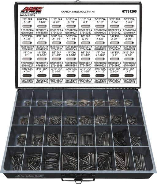 Value Collection - 157 Piece, 1/16 to 3/16" Pin Diam, Spring Pin Assortment - 1/2 to 2" Long, Grade 2 Steel - Exact Tool & Supply