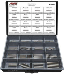 Value Collection - 130 Piece, #0 to #8" Pin Diam, Taper Pin Assortment - 1-1/2 to 4" Long, Grade 2 Steel - Exact Tool & Supply