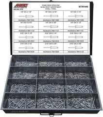 Value Collection - 1,100 Piece, 1/8 to 3/16" Hole Diam, Dome Head, Steel Blind Rivet Assortment - 1/8 to 5/8" Length, Steel Mandrel - Exact Tool & Supply