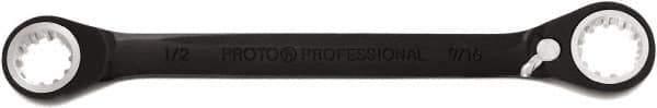 Proto - 1/2" x 9/16" 12 Point Spline Reversible Ratcheting Box Wrench - Double End, 1" Head Diam x 3/16" Head Thickness, 7-1/16" OAL, Steel, Black Chrome Finish - Exact Tool & Supply