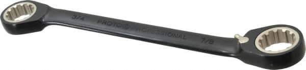 Proto - 3/4" x 7/8" 12 Point Spline Reversible Ratcheting Box Wrench - Double End, 1-5/8" Head Diam x 1/4" Head Thickness, 9-5/8" OAL, Steel, Black Chrome Finish - Exact Tool & Supply