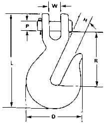 CM - 1/2 Inch Chain Diameter, Grade 80 Clevis Hook - 12,000 Lbs. Load Capacity, 19/32 Inch Inside Diameter, 19/32 Inch Pin Diameter, 19/32 Inch Hook Throat, 3-7/16 Inch Hook Width - Exact Tool & Supply