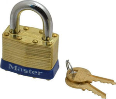 Master Lock - 15/16" Shackle Clearance, Keyed Alike Laminated Brass Padlock - 5/16" Shackle Diam, Brass - Exact Tool & Supply