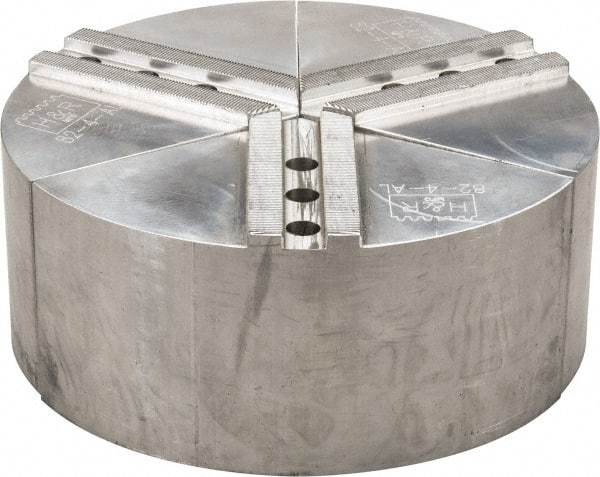 H & R Manufacturing - 1.5mm x 60° Serrated Attachment, Round Soft Lathe Chuck Jaw - 3 Jaws, Aluminum, 1.181" Btw Mount Hole Ctrs, 5" Long x 10" Wide x 4" High, 0.63" Groove, 12mm Fastener - Exact Tool & Supply