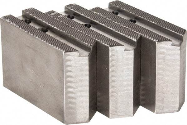 H & R Manufacturing - 1.5mm x 60° Serrated Attachment, Square Soft Lathe Chuck Jaw - 3 Jaws, Steel, 1.181" Btw Mount Hole Ctrs, 5" Long x 1-3/4" Wide x 3-1/2" High, 0.63" Groove, 12mm Fastener - Exact Tool & Supply