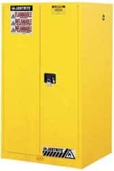 Justrite - 2 Door, 2 Shelf, Yellow Steel Standard Safety Cabinet for Flammable and Combustible Liquids - 65" High x 34" Wide x 34" Deep, Manual Closing Door, 3 Point Key Lock, 60 Gal Capacity - Exact Tool & Supply