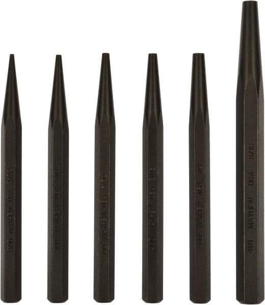 Mayhew - 6 Piece, 3/32 to 5/16", Starter Punch Set - Hex Shank, Steel, Comes in Pouch - Exact Tool & Supply