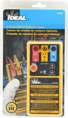 Ideal - 3 Phase, 100 to 600 VAC, 10 to 400 Hz, 5 to 131°F, LED Display Phase Rotation Tester - 9V, Includes 9V Battery, Alligator Clips, Carrying Case, Operating Instructions, C N12966, CAT III, CE, EN 61010, IEC 1010 - Exact Tool & Supply