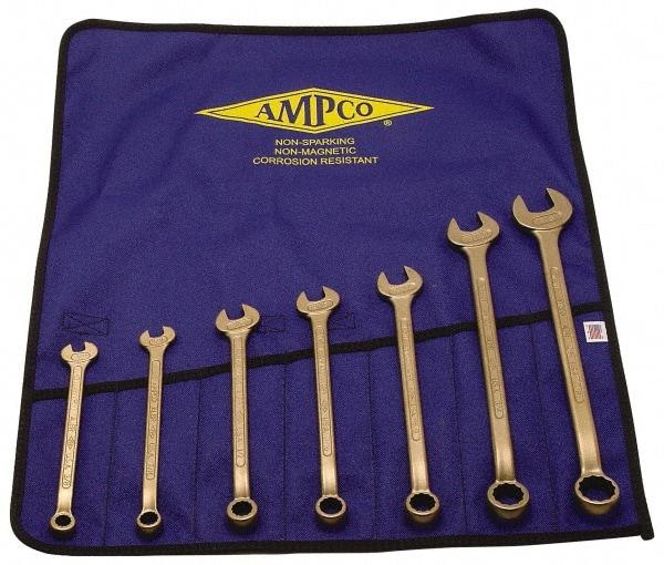 Ampco - 7 Piece, 8mm to 22mm, 12 Point Combination Wrench Set - Metric Measurement Standard, Aluminum Bronze Finish, Comes in Roll-Up Pouch - Exact Tool & Supply