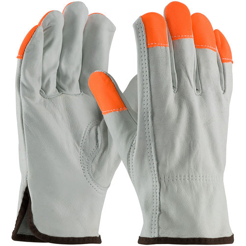 ‎68-163HV/S Leather Drivers Gloves - TG Cowhide - Regular Grade - Hi-Vis Orange Fingertips - Keystone Thumb - Exact Tool & Supply