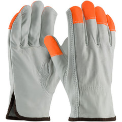 ‎68-163HV/L Leather Drivers Gloves - TG Cowhide - Regular Grade - Hi-Vis Orange Fingertips - Keystone Thumb - Exact Tool & Supply